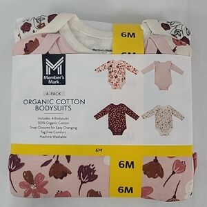 NWT Member's Mark Baby Girl 4-Pack Long Sleeve Organic Cotton Bodysuit Sz 6M